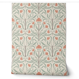 Art Nouveau Floral in Sage Green Terracotta Beige Wallpaper