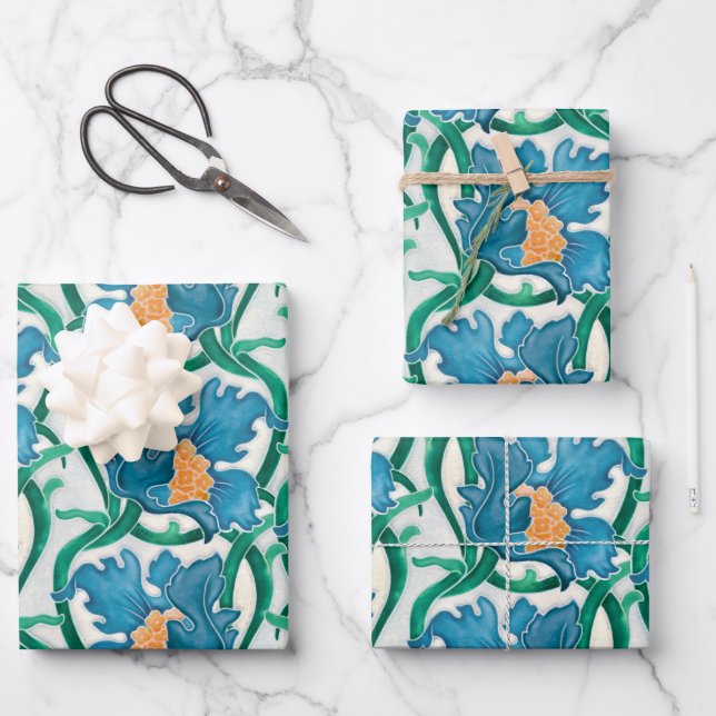 Art Nouveau Floral Majolica Pattern Wrapping Paper Sheet (Front)