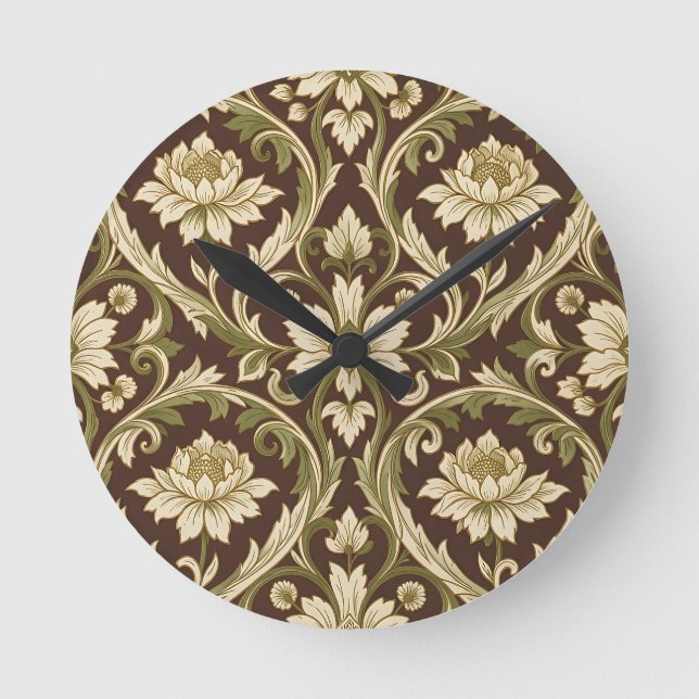 Art Nouveau Floral Pattern Cream Green Scroll Round Clock (Front)