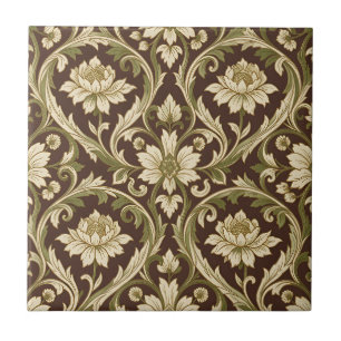 Art Nouveau Floral Pattern Cream Green Scroll Tile