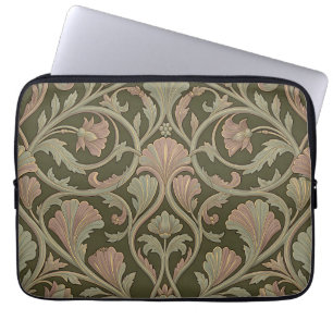 Art Nouveau Floral Pattern Dark Green Pink Vintage Laptop Sleeve