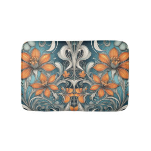 Art Nouveau floral pattern teal orange Bath Mat