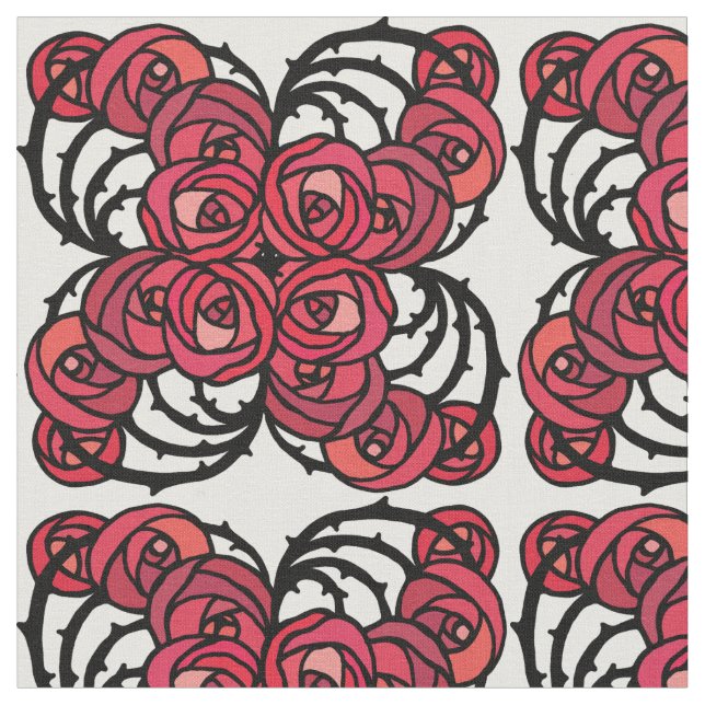 Art Nouveau Floral red and black rose vines design Fabric (Close Up)