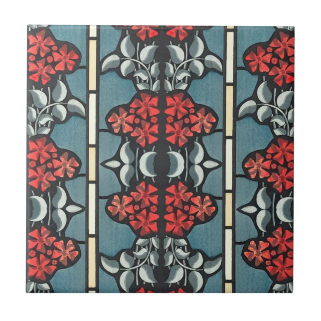 Art Nouveau Floral Red Blue  Ceramic Tile (Front)