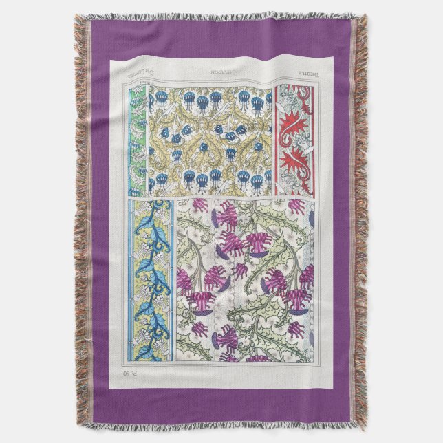 Art nouveau floral thistle flower textile art  throw blanket (Front Vertical)