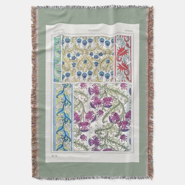 Art nouveau floral thistle textile art verneuil  throw blanket (Front Vertical)