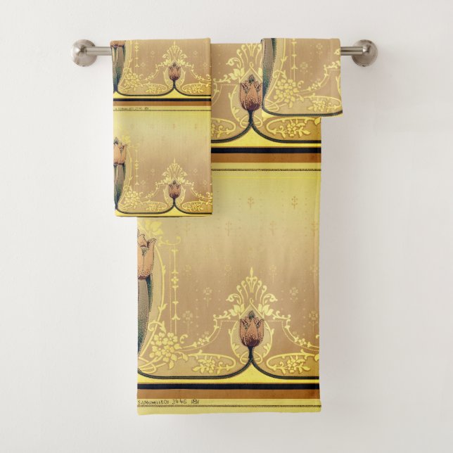 Art nouveau floral tulip pink and gold elegant bath towel set (Insitu)