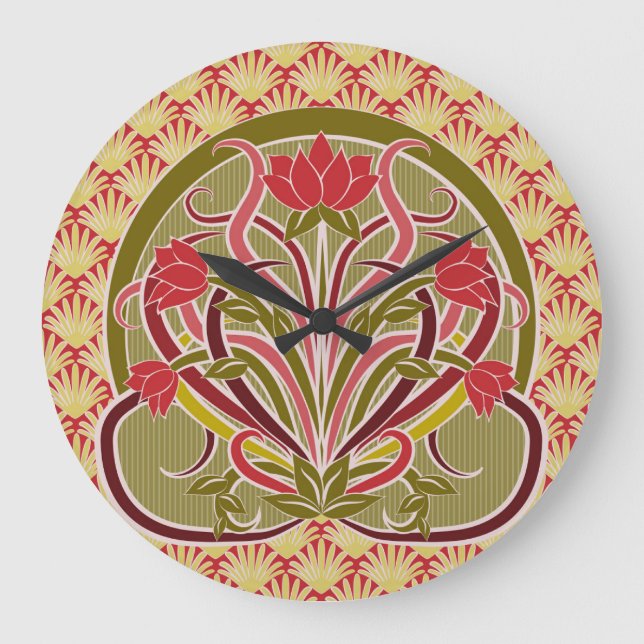 Art Nouveau floral wallpaper. Large Clock (Front)