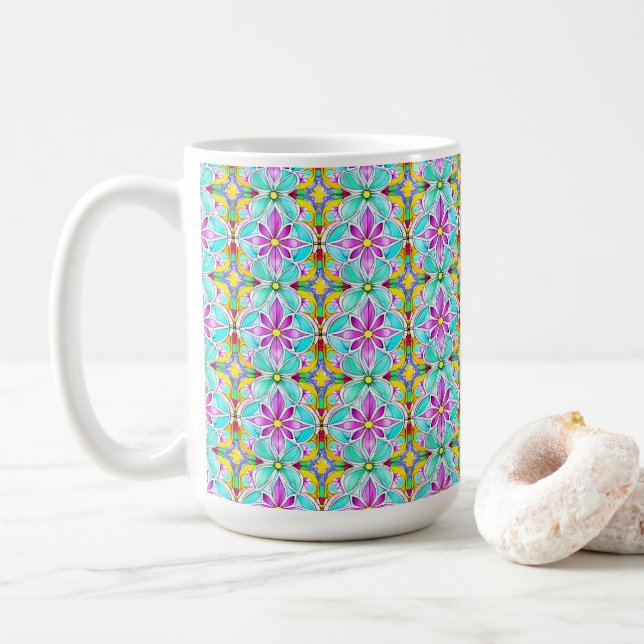 Art Nouveau Floral Watercolor Pattern Coffee Mug (With Donut)