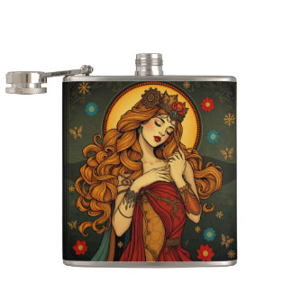 Art Nouveau Floral Woman Illustration  Hip Flask