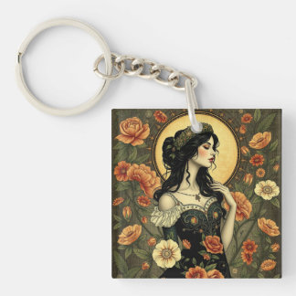 Art Nouveau Floral Woman Illustration Key Ring