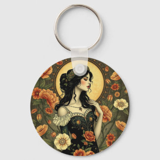 Art Nouveau Floral Woman Illustration Key Ring