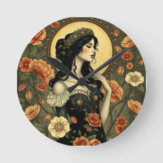 Art Nouveau Floral Woman Illustration Round Clock