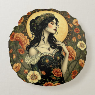 Art Nouveau Floral Woman Illustration Round Cushion