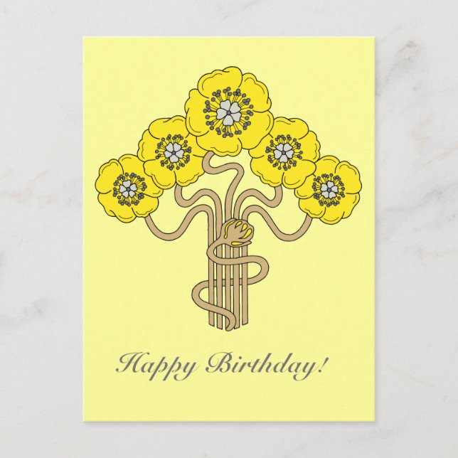 Art Nouveau flower drawing happy birthday gold Postcard (Front)