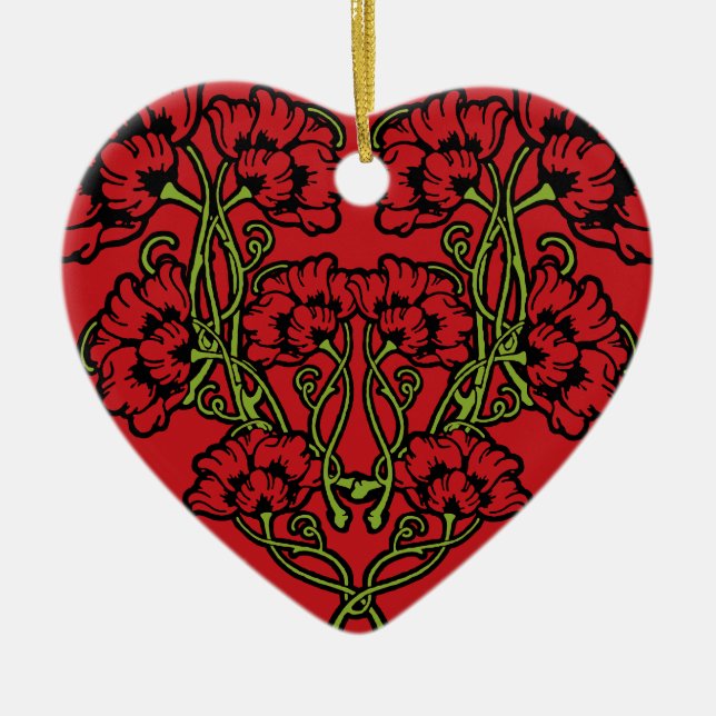 Art Nouveau Flower Heart Red Ceramic Ornament (Front)