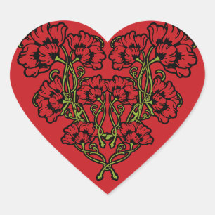 Art Nouveau Flower Heart Red Heart Sticker