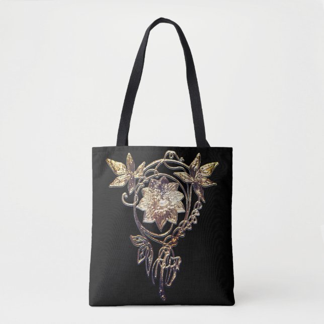 Art nouveau flower jewel Victorian gold and black Tote Bag (Front)