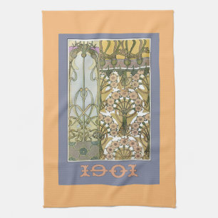Art nouveau flowers alphonse mucha floral art tea towel