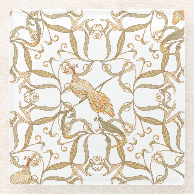 Art Nouveau Flowers Birds Glass Coaster (Front)