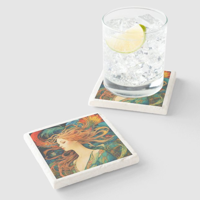 Art Nouveau "Flowing Redhead" Marble Coaster (Side)