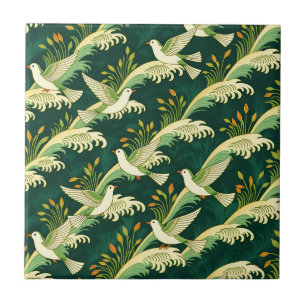 Art Nouveau Flying Bird Pattern Elegant Nature Tile