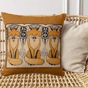 Art Nouveau Foxes Illustration   Woodland Wildlife Cushion