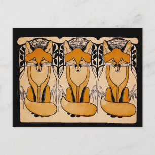 Art Nouveau Foxes Illustration   Woodland Wildlife Postcard