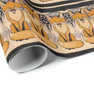 Art Nouveau Foxes Illustration   Woodland Wildlife Wrapping Paper