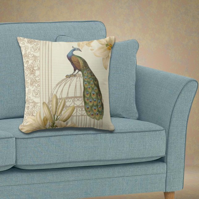 art nouveau  french lily vintage birdcage peacock cushion (art nouveau french lily vintage birdcage peacock throw pillow)