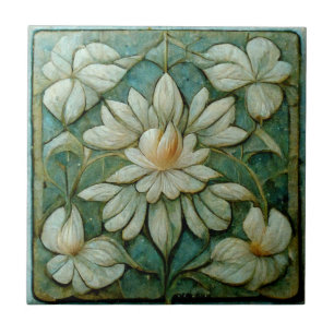 Art Nouveau French White Floral, Blue Vintage Art  Tile