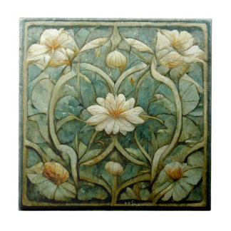 Art Nouveau, French White Floral, Decorative Blue Tile
