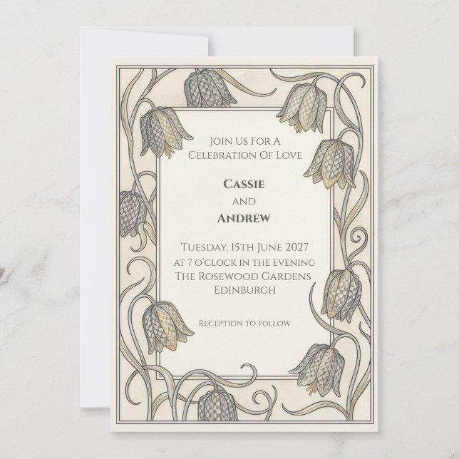 Art Nouveau Fritillaria Floral Wedding Invitation (Front)