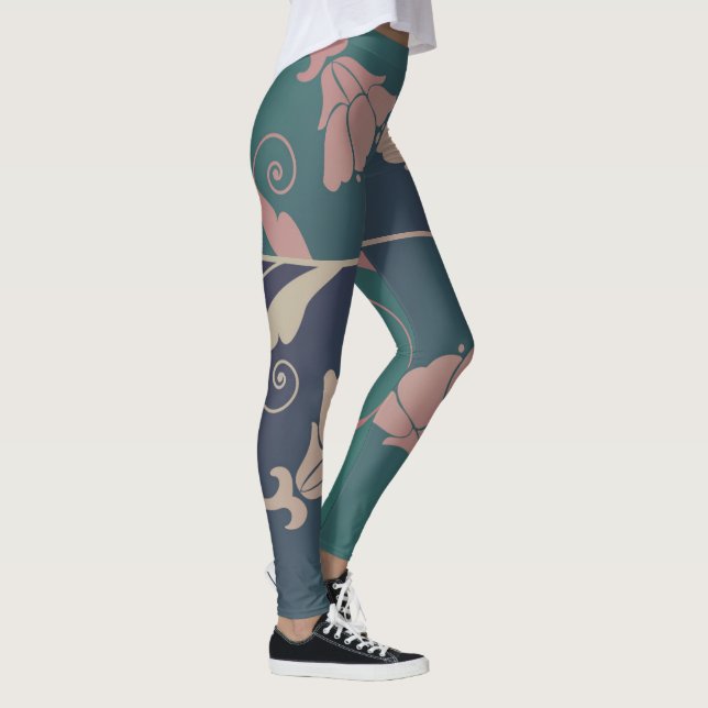 Art nouveau fuschia flower blue green pink leggings (Right)