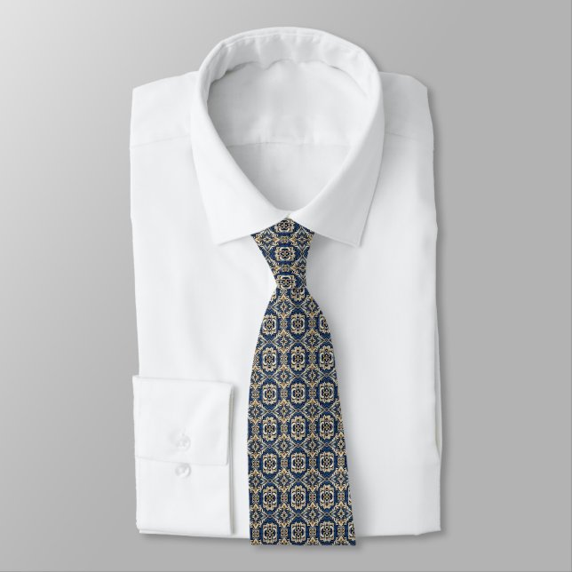 Art Nouveau Geometric Pattern Blues, Golds & Cream Tie (Tied)
