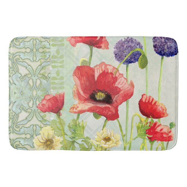 Art Nouveau Geometric Pattern Poppy Flowers Bath Bath Mat (Front)