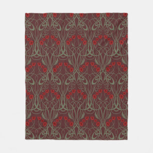 Art Nouveau Geometric Poppies and Sinuous Stems Fleece Blanket