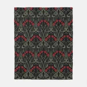 Art Nouveau Geometric Poppies and Sinuous Stems Fleece Blanket