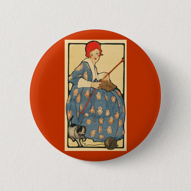 Art Nouveau -Girl knitting with her cat 6 Cm Round Badge (Front)