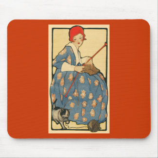 Art Nouveau -Girl knitting with her cat Mouse Pad