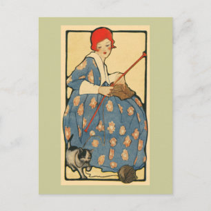 Art Nouveau -Girl knitting with her cat Postcard