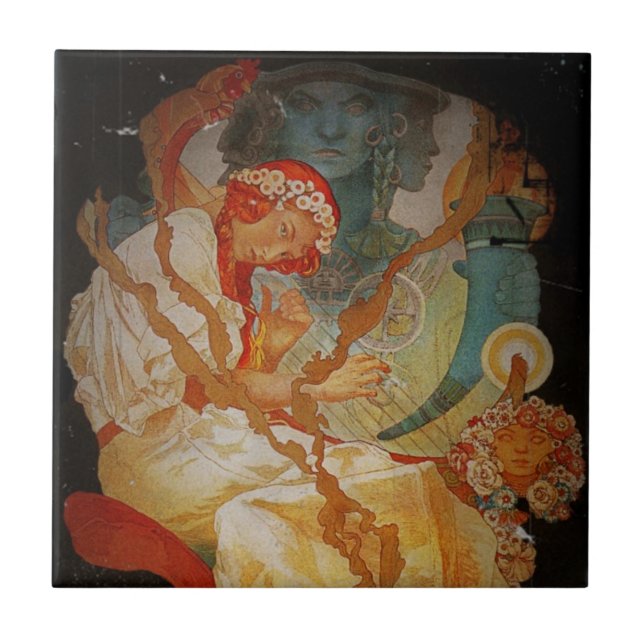 Art Nouveau Girl with Harp 1903 Tile (Front)
