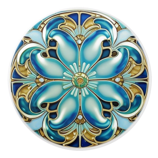 Art Nouveau Gold Aqua Blue Geometric Ceramic Knob (Front)