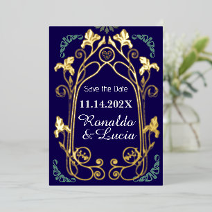 Art Nouveau Gold Blue Botanical Save the Date