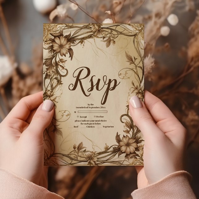 Art Nouveau Gold Botanical Wedding RSVP Card (Creator Uploaded)