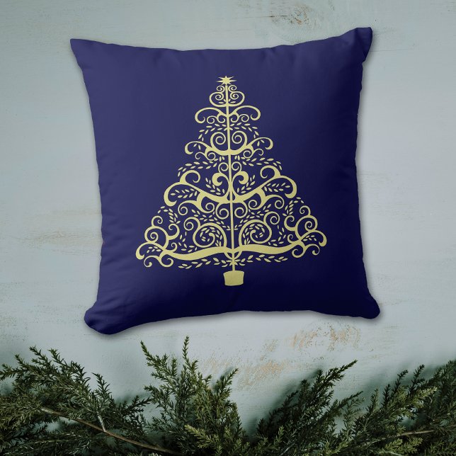 Art Nouveau Gold Christmas Tree on Blue Cushion (Creator Uploaded)