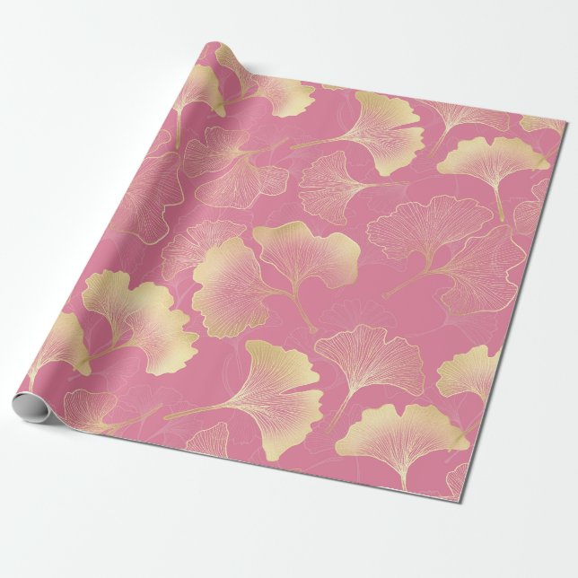 Art Nouveau Gold Ginkgo Leaf Blush Pattern Wrapping Paper (Unrolled)