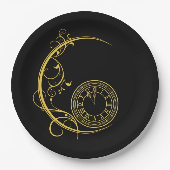 Art Nouveau Gold New Years Clock Paper Plate (Front)