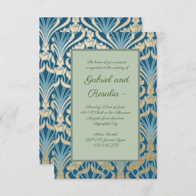 Art Nouveau,gold,teal,damask,floral,pattern,chic Save The Date (Front/Back)
