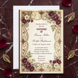 Art Nouveau Golden Burgundy Roses Classic Wedding Invitation